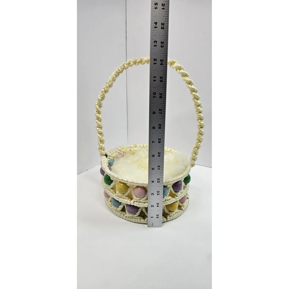 Vintage MCM‎ Macrame Easter Basket Pastel Wooden Beads Handmade Boho Decor 12